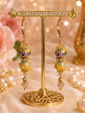 Wedding Cake, Painted Floral Beads & Crystal Beaded Dangle Floral Earrings